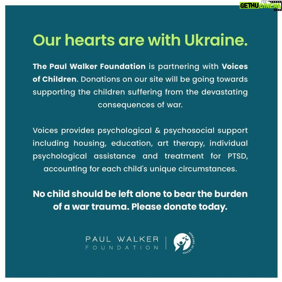 Meadow Walker Thornton-Allan Instagram - Our hearts are with Ukraine. ππ The Paul Walker Foundation is partnering with @voices_of_children. Donations on our site will be going towards supporting the children suffering from the devastating consequences of war. Voices provides psychological & psychosocial support including housing, education, art therapy, individual psychological assistance and treatment for PTSD, accounting for each child's unique circumstances. No child should be left alone to bear the burden of a war trauma. Please donate today. ππππ Link is in my bio