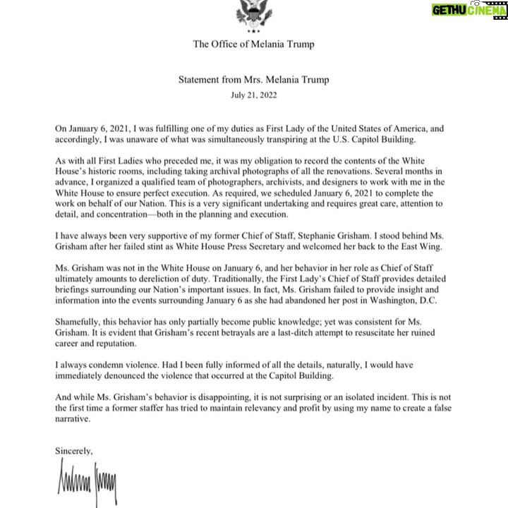 Melania Trump - 53K Likes - Official Statement from Mrs. Melania Trump