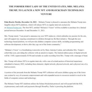 Melania Trump Instagram - Excited for this new venture, which combines my passion for art and commitment to helping our Nation’s children fulfill their own unique American Dream. #MelaniaNFT MelaniaTrump.com