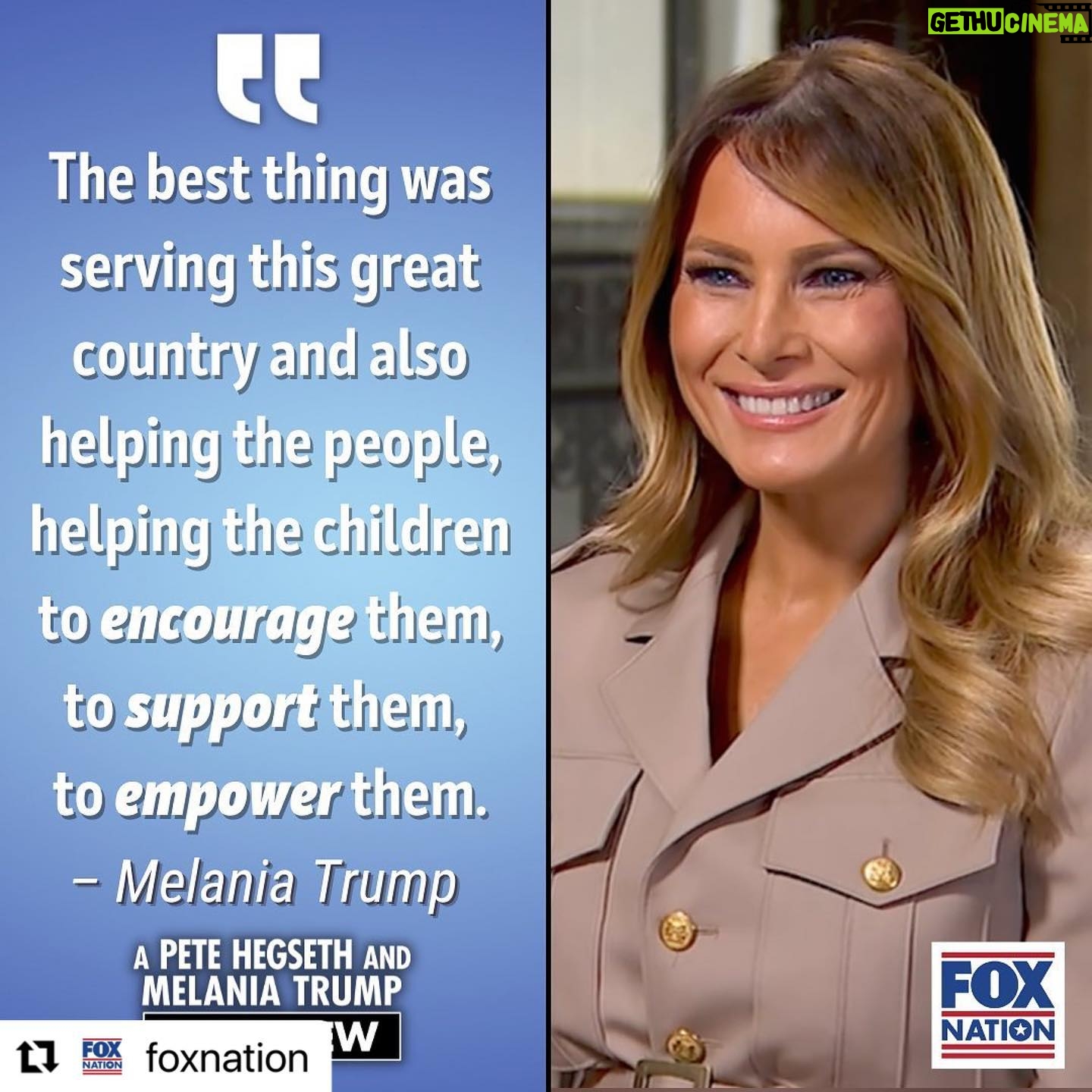 Melania Trump Instagram - #Repost @foxnation with @make_repost ・・・ After leaving the White House, former first lady @melaniatrump is still on a mission to help America's children. Stream her must-see interview with @petehegseth now on Fox Nation! Link in bio.