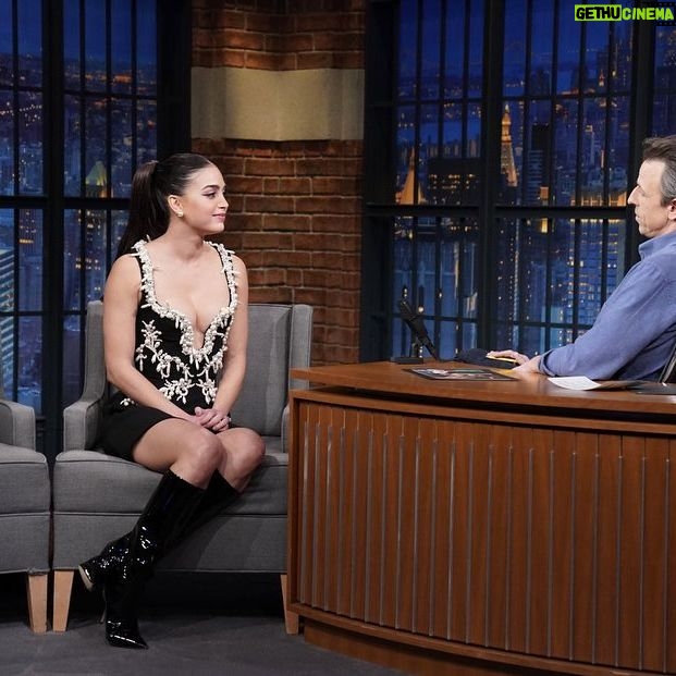Melissa Barrera Instagram - Thank you @latenightseth for having me ❤️ @screammovies 📸 @lloydbishop catching me praying I do not trip and fall flat on my face when I come out #success