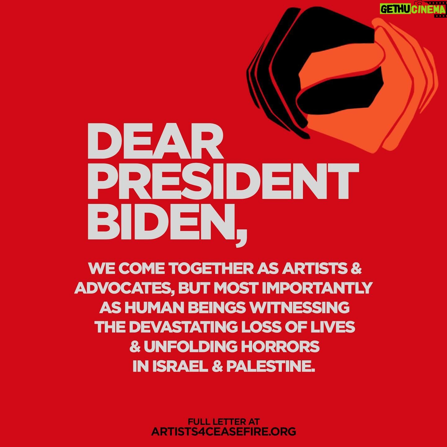 Melissa Barrera Instagram - We come together as artists and advocates, but most importantly as human beings witnessing the devastating loss of lives and unfolding horrors in Palestine and Israel. Please join us in demanding that Congress, @POTUS, and other world leaders call for an immediate de-escalation and ceasefire in Gaza and Israel before another life is lost. We must end the bombing of Gaza, secure the safe release of all hostages, and demand adequate access for humanitarian aid to reach the people that desperately need it. Call your reps Read our full letter at artists4ceasefire.org