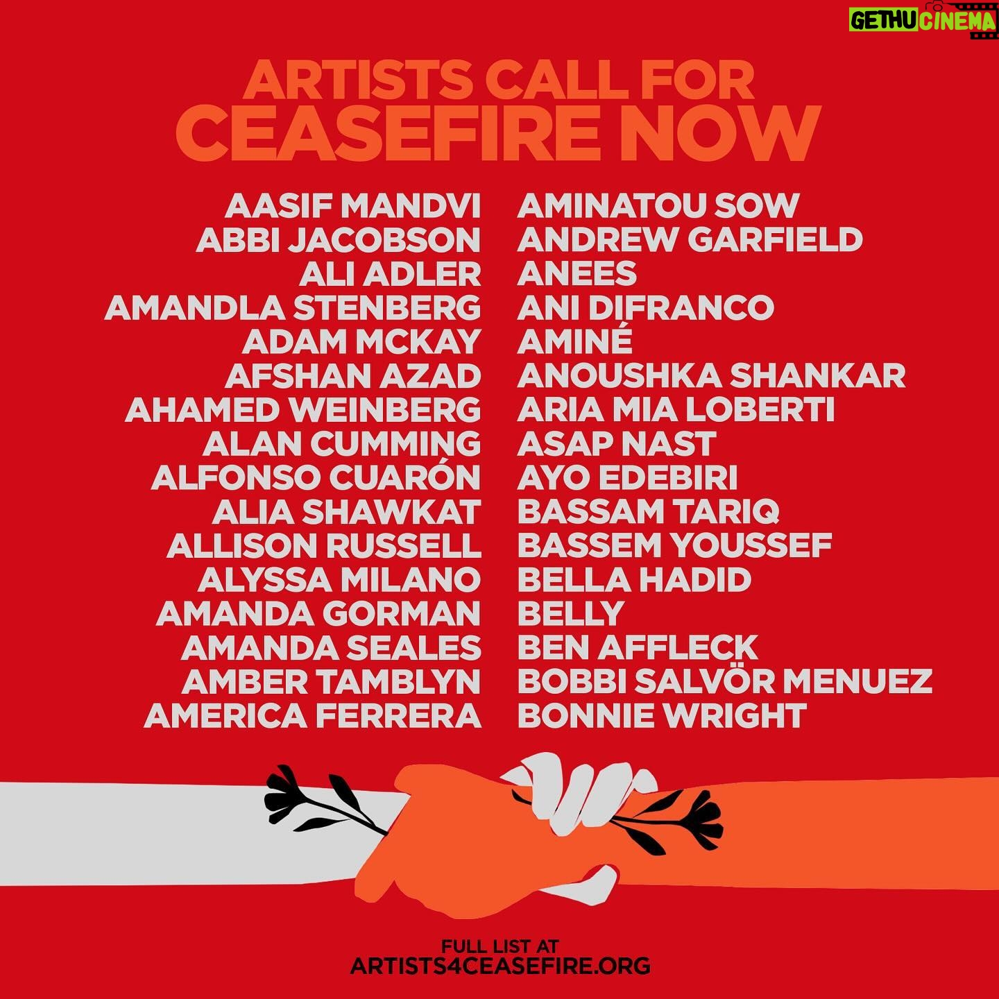 Melissa Barrera Instagram - We come together as artists and advocates, but most importantly as human beings witnessing the devastating loss of lives and unfolding horrors in Palestine and Israel. Please join us in demanding that Congress, @POTUS, and other world leaders call for an immediate de-escalation and ceasefire in Gaza and Israel before another life is lost. We must end the bombing of Gaza, secure the safe release of all hostages, and demand adequate access for humanitarian aid to reach the people that desperately need it. Call your reps Read our full letter at artists4ceasefire.org