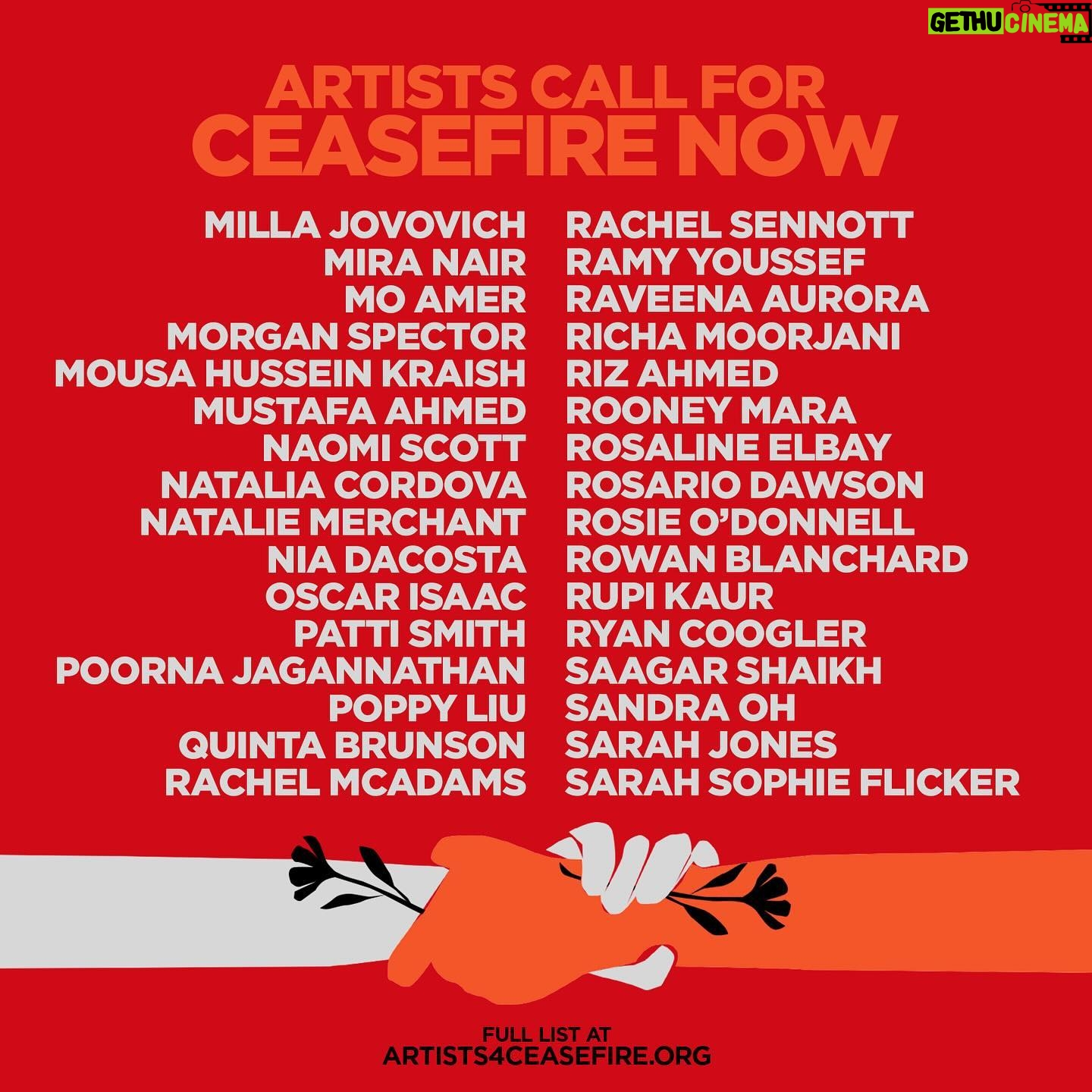 Melissa Barrera Instagram - We come together as artists and advocates, but most importantly as human beings witnessing the devastating loss of lives and unfolding horrors in Palestine and Israel. Please join us in demanding that Congress, @POTUS, and other world leaders call for an immediate de-escalation and ceasefire in Gaza and Israel before another life is lost. We must end the bombing of Gaza, secure the safe release of all hostages, and demand adequate access for humanitarian aid to reach the people that desperately need it. Call your reps Read our full letter at artists4ceasefire.org