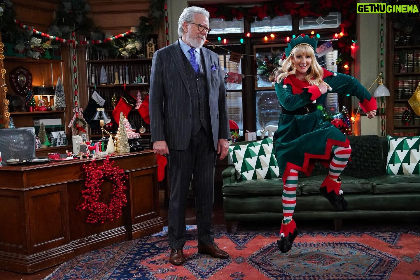 Melissa Rauch Instagram - Please put on your most festive attire (mine is clearly pictured) and join us for a special holiday episode of NIGHT COURT airing tomorrow at 8:30 on @nbc and streaming on @peacock Happy Holidays everyone! #nightcourt