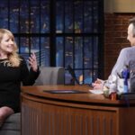 Melissa Rauch Instagram - Had so much fun talking to the wonderful @sethmeyers about all things #NightCourt Check it out tonight on @latenightseth on @nbc  Pic # 1: Talking with a lotta hands Pic #2: Hands getting more out of control Pic #3: Trying my best to wrangle said hands to prevent them from completely talking to Seth on their own. Big thanks to this dream team:  Styling: @hayley_atkin_ Hair: @matthewmonzon Makeup: @marywilesmakeup Photo credit: “Lloyd Bishop/NBC”