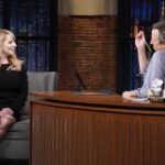 Melissa Rauch Instagram - Had so much fun talking to the wonderful @sethmeyers about all things #NightCourt Check it out tonight on @latenightseth on @nbc  Pic # 1: Talking with a lotta hands Pic #2: Hands getting more out of control Pic #3: Trying my best to wrangle said hands to prevent them from completely talking to Seth on their own. Big thanks to this dream team:  Styling: @hayley_atkin_ Hair: @matthewmonzon Makeup: @marywilesmakeup Photo credit: “Lloyd Bishop/NBC”