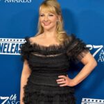 Melissa Rauch Instagram - Had such a lovely time presenting at #ASCAwards 🖤 Huge congratulations to all the gifted nominees and winners. And a shoutout to my awesome parents who logged on to the live stream of the awards, hours before it started “just in case,” to watch me present and take “pictures of the screen.”  Thank you to the wonders of: Styling: @hayley_atkin_ Hair: @jenniferguerrerohair Makeup: @barbi_fonte Dress: @needleandthreadlondon Able to reach podium: 6 inch heels 🤍🖤🤍🖤🤍🖤🤍🖤