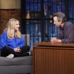 Melissa Rauch Instagram - Had so much fun with the wonderful @sethmeyers I’m such a fan of his, so I was extremely excited to talk about #NightCourt with him! Check out @latenightseth tonight to see why I’m dressed like I’ve given up on life!  Thank goodness for the amazing talents @matthewmonzon and @gpcbeauty for making me look like a person from the neck up! 📷 credit: Lloyd Bishop/NBC