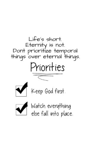 Mia Dinoto Instagram - Get your priorities straight✅

Life is short, but eternity is not. 
Make sure you’re prioritizing what’s most important.
Devoting your time to things that aren’t temporary but will last forever. 
Our relationship with Jesus is by far the most valuable thing in life. 

“One day we will look straight into the eyes of Jesus Christ and suddenly all the money, the fame, & earthly possessions will mean nothing
To have a relationship with Jesus is the most valuable gift one can posses on Earth.
On judgment day will He know you as a close friend or a distant stranger?” 
- unknown

People are like grass; their beauty is like a flower in the field. The grass withers and the flower fades, But the word of the Lord remains forever. And that word is the Good News (of Jesus) that was preached to you.” 
- 1 Peter 1:24-25
#priorities #Godfirst #Christianmotivation #Christianinspiration #seekGod