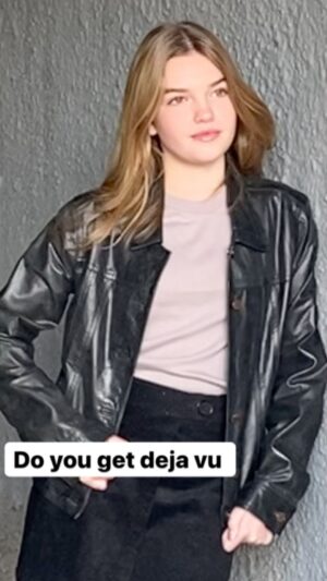 Mia Talerico Instagram - Do you get deja vu? #instagramreels #reelsinstagram #dejavu #throwbackthursday  #smile #leatherjacket