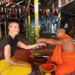 Michelle Monaghan Instagram - I was touched to get to spend time with the people of Cambodia. Their warmth and kindness was deeply felt. Although it was a quick trip, it was long enough to be reminded of the beauty of the human spirit and frankly, how far a smile and a kind gesture can go. And I had so much fun! Wishing you all a beautiful Sunday. ✨ (These photos were taken by me and with permission by all. Thank you for allowing me to capture your daily life) 1.Receiving a beautiful blessing from the local monk. 2 Native to Siem Reap, this specific chant was in Hindu and Sanskrit so perhaps I’m doubly blessed now ;) 3 Loaded with love 4 Sweet or salty smoked fish 5 Silk worms, crickets and peanuts. Don’t knock til you try it! 😋 6 Meet The Chef! His specialty - shrimp fritters! 7 My tuk-tuk but make it cute 8 A boy and a bike. 9 My friend and wonderful guide Lee @chhvn1y_chhorn 10 My cup runneth over.