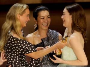 Michelle Yeoh Instagram - Congratulations Emma!! I confused you , but I wanted to share that glorious moment of handing over Oscar to you together with your best friend Jennifer!! She reminded me of my Bae Jamie Lee Curtis ♥️✨ always there for each other!! 😘😘😘