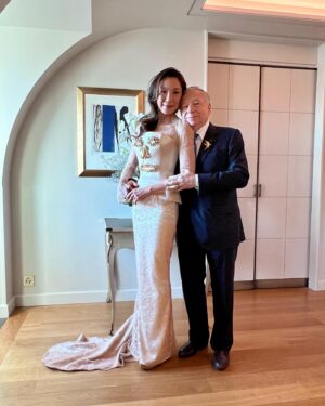 Michelle Yeoh Instagram - Thank q my darling big Brother Diego and Daniel for my stunning @schiaparelli Face of Happiness dress to say hello as Mr & Mrs Todt ❤️❤️