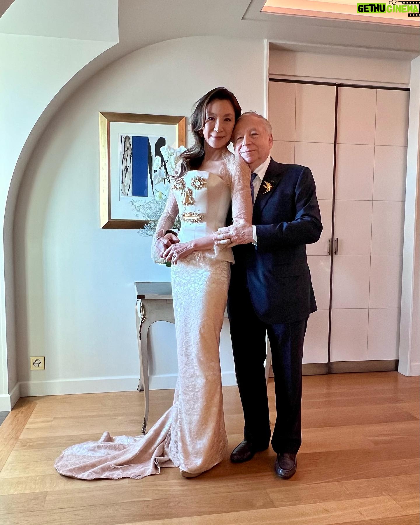 Michelle Yeoh - 242.2K Likes - Thank q my darling big Brother Diego and Daniel for my stunning @schiaparelli Face of Happiness dress to say hello as Mr & Mrs Todt ❤️❤️