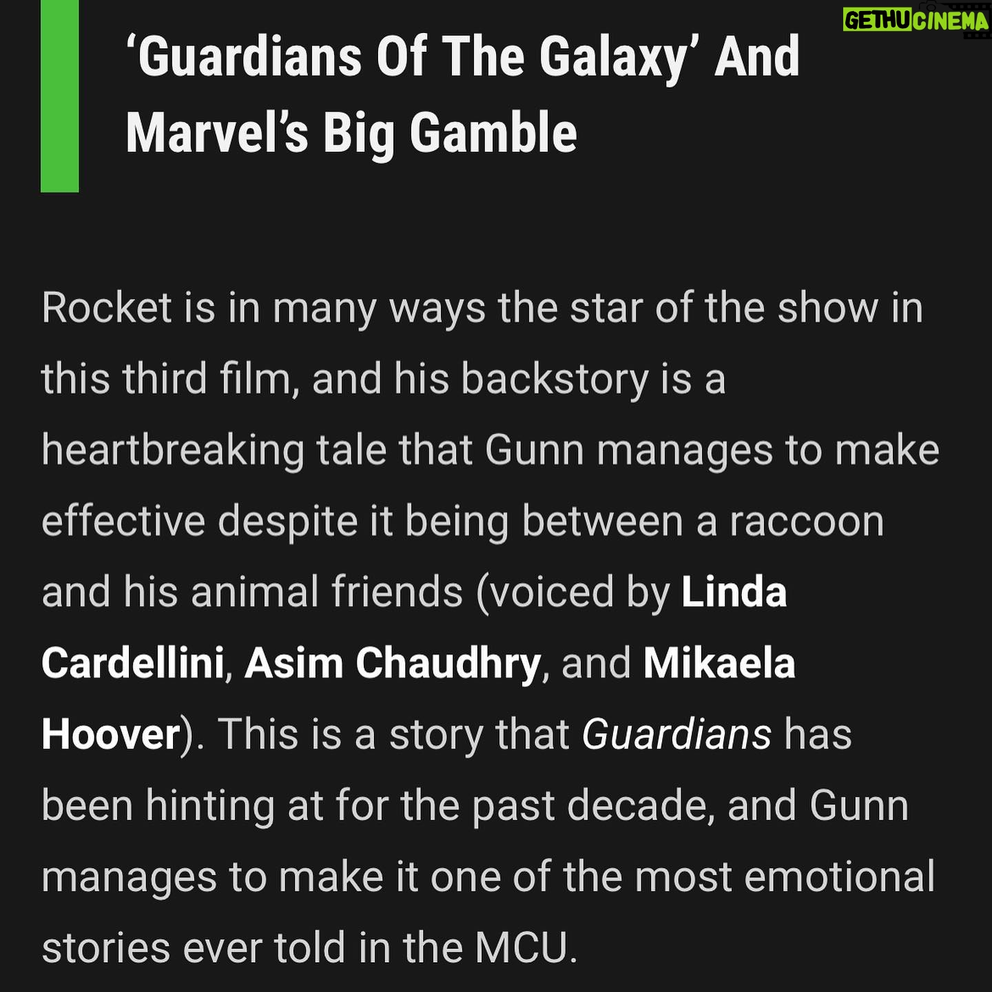 Mikaela Hoover - 3 Likes - When I got to set in Atlanta the first day of shooting Guardians 3 I saw my name next to Linda Cardellinis & cried. One of the reasons I chose to attended LMU for theater was because Linda had gone there & I idolized her. Thank you James for auditioning me for Floor & allowing me to bring her innocence & joy to life.