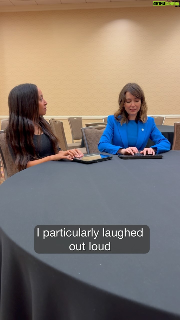 Milana Vayntrub Instagram - Disability allyship has two crucial pillars: 1. Ask disabled people what we need, and 2. Based on those answers, take action to remove barriers. Actor, director, and comedian Milana Vayntrub @mintmilana role models disability allyship. AT&T @att invited Milana and I to share a stage, sparking a beautiful connection. We filmed this conversation after our electric keynote. Descriptive transcript: Haben and Milana sit together at a circular table. Haben is wearing a black, long-sleeve top and Milana is wearing a vibrant blue suit jacket and shirt. Milana types on a keyboard as she speaks, and Haben reads her words on a Braille display. For the full descriptive transcript go to Habengirma.com. #Captioned #A11y #Accessibility #MilanaVayntrub #DeafBlind