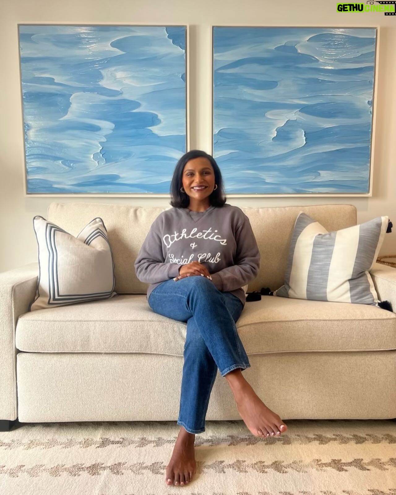Mindy Kaling Instagram - I can’t stop staring at the swirling waters of my friend @kristentirney’s diptych that I commissioned. Malibu water is cold, gorgeous and dark blue-black 🌊🌊🌊… but these feel tropical, like they’d be so warm and inviting to dip my feet in. 🌴🌴🌴It’s been so cold this spring and I love picturing myself in these waters! I’m such a fan of her work - please check Kristen out. 💕