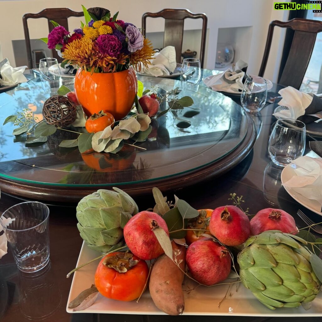 Ming-Na Wen Instagram - Happy Thanksgiving, everyone! 🍁🍂🦃🧡 So many blessings to be grateful for in my life. I always love creating the table setting for our family and friends to gather and feast together. But this Thanksgiving, I had an extra challenge. A leak required demoing a beam in the dining area. TOTAL EYESORE! It needed some temporary camouflage. Mingyver to the rescue! I made an "art piece" with some colored tissue paper and tape. Certainly better than that ugly exposed beam and insulation! I call the art installation, "BLOSSOM OF BLESSINGS." You like? ☺️🥰🧡 #dinnerfor20 #Thanksgiving #feast #grateful Also, hubby made the most delish air-fried turkey. Juicy and tender. YUM!