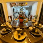 Ming-Na Wen Instagram - Happy Thanksgiving, everyone! 🍁🍂🦃🧡 So many blessings to be grateful for in my life. I always love creating the table setting for our family and friends to gather and feast together. But this Thanksgiving, I had an extra challenge. A leak required demoing a beam in the dining area. TOTAL EYESORE! It needed some temporary camouflage. Mingyver to the rescue! I made an "art piece" with some colored tissue paper and tape. Certainly better than that ugly exposed beam and insulation! I call the art installation, "BLOSSOM OF BLESSINGS." You like? ☺️🥰🧡 #dinnerfor20 #Thanksgiving #feast #grateful Also, hubby made the most delish air-fried turkey. Juicy and tender. YUM!