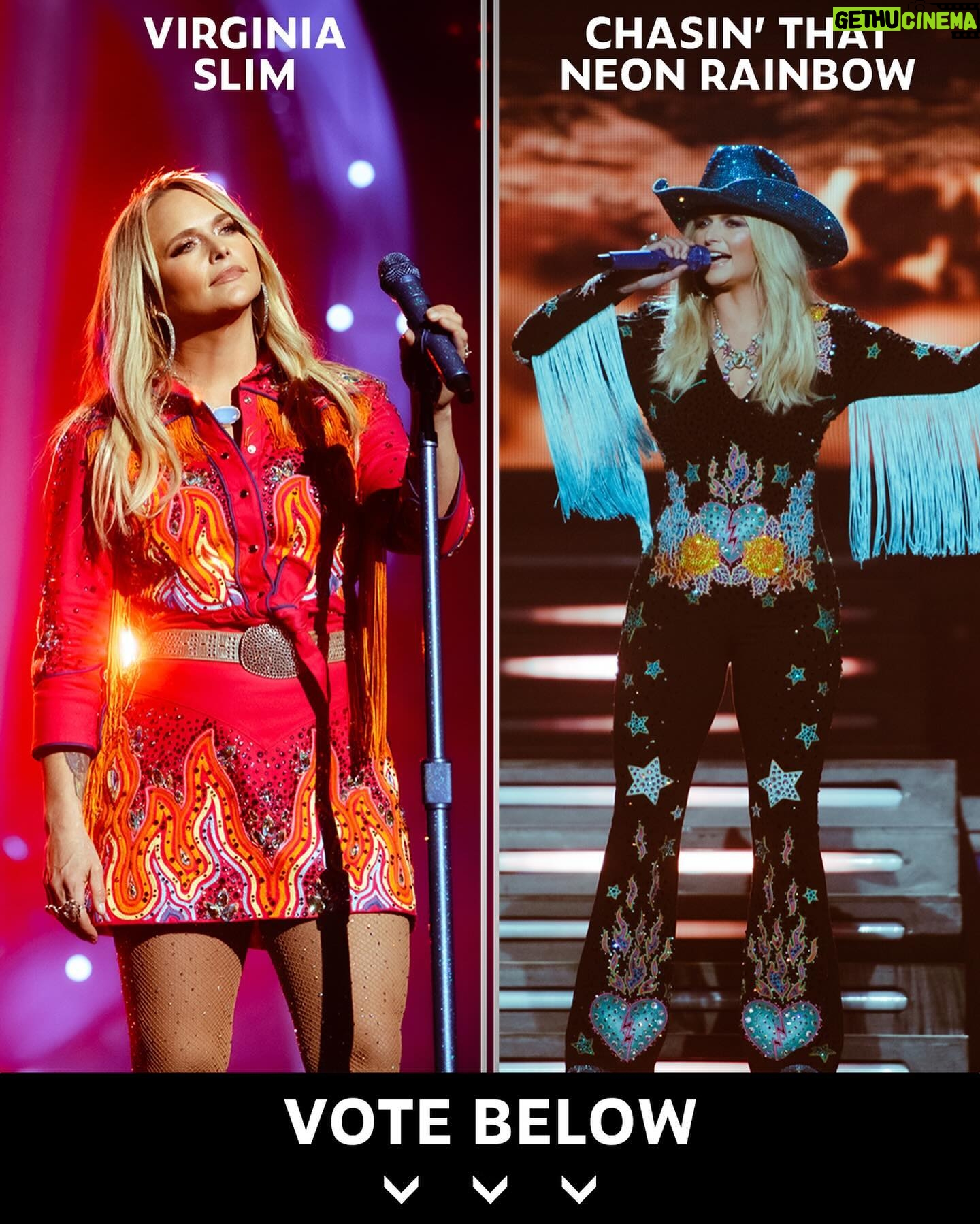 Miranda Lambert Instagram - It’s time to crown a Velvet Rodeo outfit champion! Who will it be?! Virginia Slim or Chasin That Neon Rainbow?! Y’all vote below! Las Vegas, Nevada
