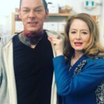 Miranda Otto Instagram - Who’s a pretty boy then? Keeping Faustus on a very short leash. 😈🎥🔪🔨🖤😂#shortleash #caos #sabrinanetflix