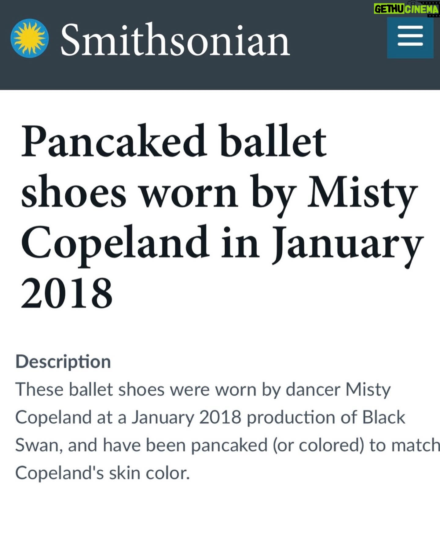 Misty Copeland - 65.8K Likes - What an honor to have my pancaked pointe shoes in the @smithsonian 🩰
Did you know Black and Brown dancers will pancake their shoes (usually with over the counter foundation) to match their skin color?
It’s customary in ballet to create a long line from your leg to your shoe, however the traditional “European pink” shoes aren’t the right color for many Black and Brown ballerinas.
Only recently have companies begun to provide colors of all shades but there is always room for more inclusivity! Sign my petition at the link in bio for Apple to provide more shades of the pointe shoe emoji 🩰
