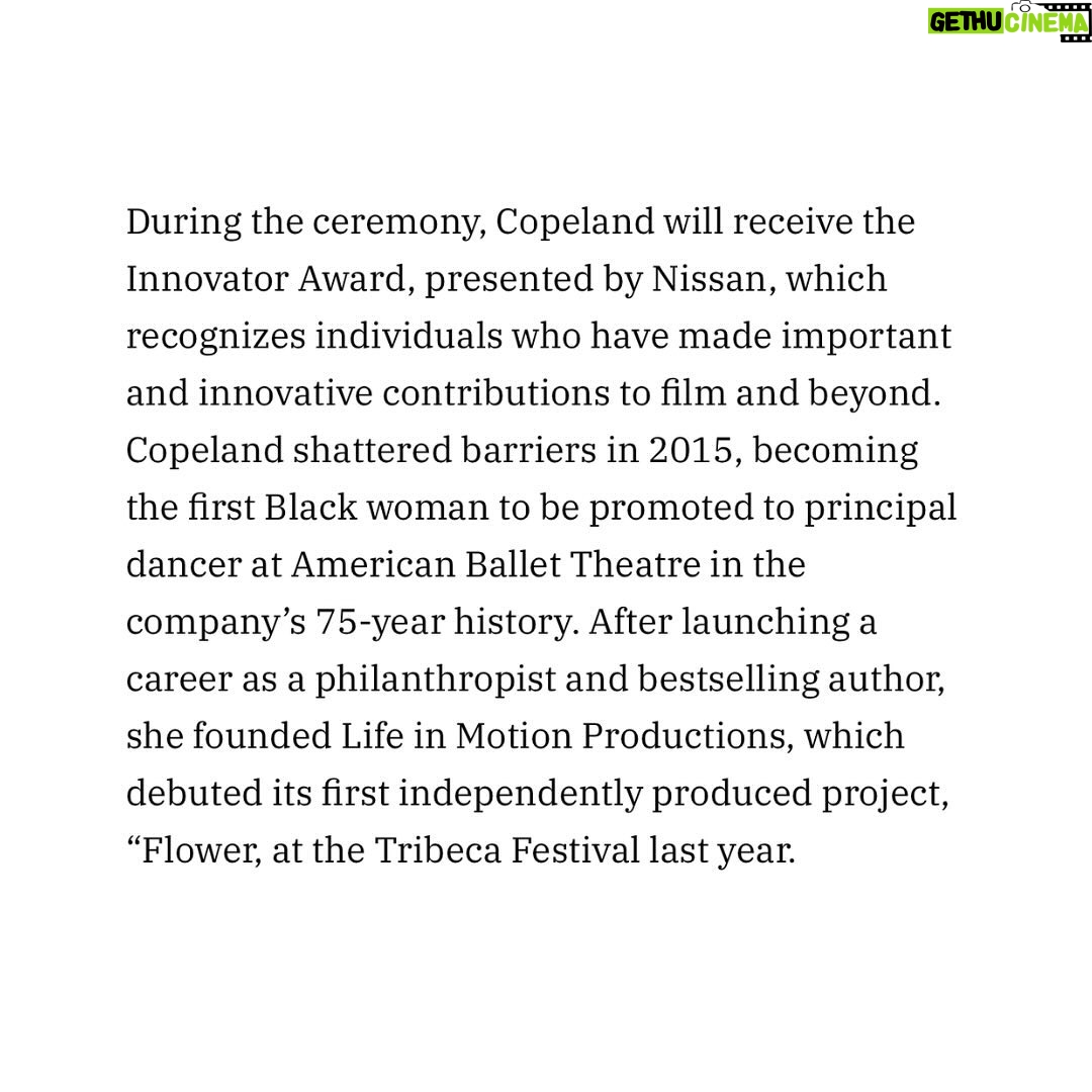 Misty Copeland Instagram - So proud of our fearless leader and co-founder @mistyonpointe being honored by the African American Film Critics Association with their Innovator Award which recognizes individuals who have made important contributions to film and beyond. Among the other awards honorees: George C. Wolfe, Jeffrey Wright, Ava DuVernay, Coleman Domingo, and Lily Gladstone ✨✨