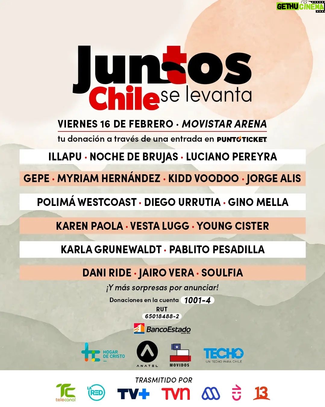 Myriam Hernández Instagram - La cruzada “Juntos Chile se levanta”,🇨🇱 también se une @myriamhernandez_oficial este viernes 16 de enero en Movistar Arena, la que tendrá como finalidad ir en ayuda inmediata de los miles de damnificados que dejaron hace algunos días los incendios forestales en la Región de Valparaíso. Ya es posible sumarse a esta cruzada solidaria donando en la cuenta 1001-4 del Banco Estado, así como las entradas se pueden adquirir a través del sistema Puntoticket. ❤️ ¿Qué te parece? #teleemos