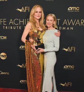 Naomi Watts Instagram - Congratulations @nicolekidman Such a glorious night celebrating you. Your consistent innovation and artistry is something we all get to marvel at but the extra delight in watching you blow the doors off AND calling you my friend is beyond a privilege. Slide #1 Pure reverence Slide #2 Pure mischief @americanfilminstitute