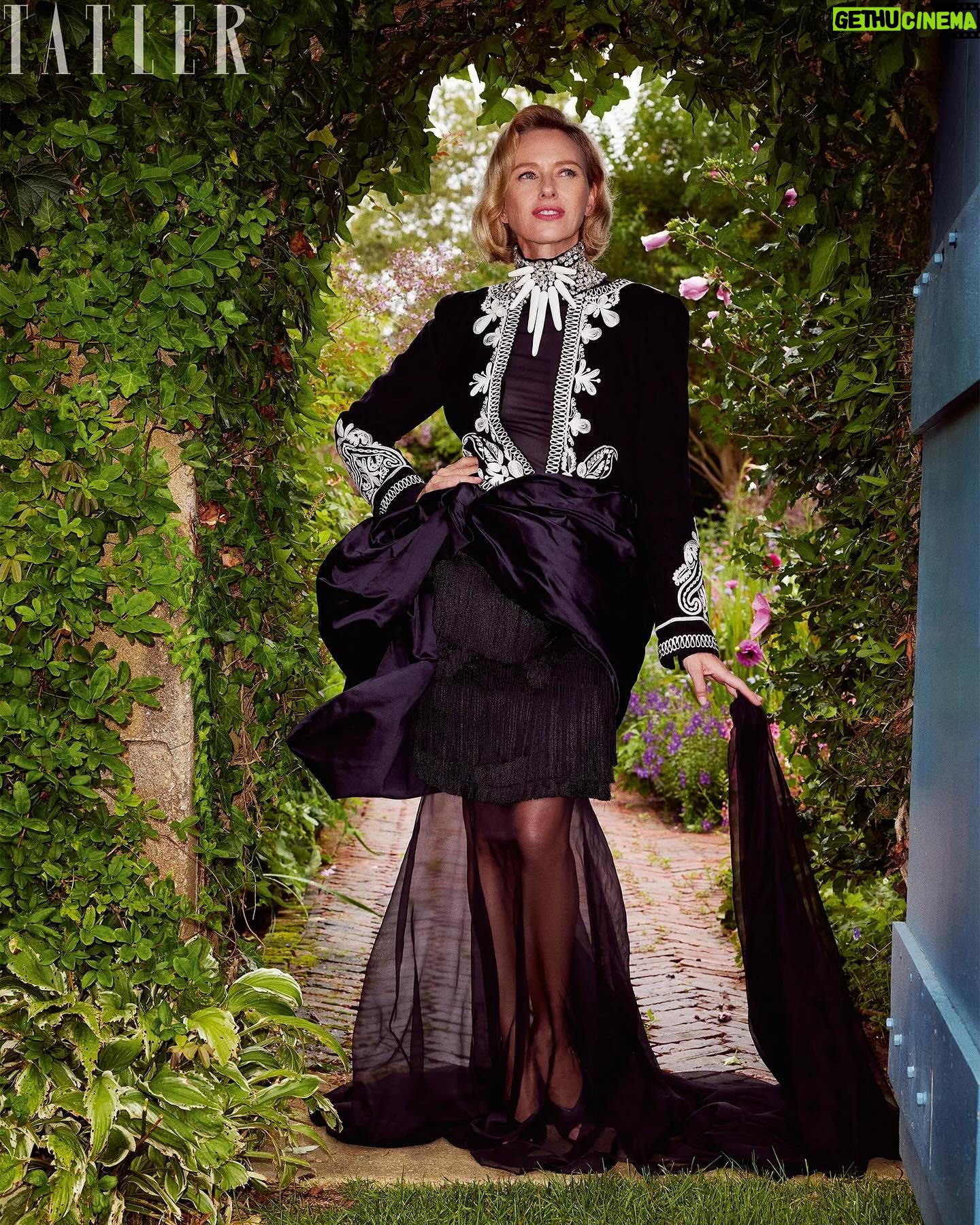 Naomi Watts Instagram - I like to keep it casual around the house. Just me and my pooch. And a few frocks. No big deal. Thanks @tatlermagazine for having me. I had a ball. 💃🏼☕️🌳 directed: @madisoncoffey photos: @dsachon hair: @hairbyorlandopita makeup: @marywilesmakeup nails: @ginailsinc style: @sophiepera article: Francesca Carington
