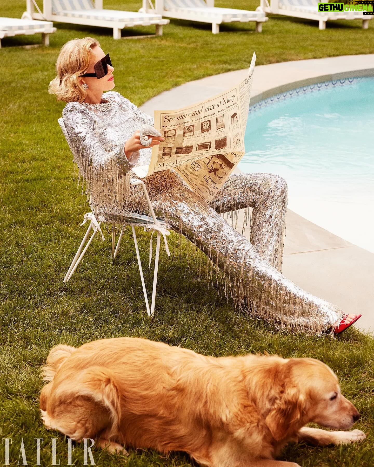 Naomi Watts Instagram - I like to keep it casual around the house. Just me and my pooch. And a few frocks. No big deal. Thanks @tatlermagazine for having me. I had a ball. 💃🏼☕️🌳 directed: @madisoncoffey photos: @dsachon hair: @hairbyorlandopita makeup: @marywilesmakeup nails: @ginailsinc style: @sophiepera article: Francesca Carington