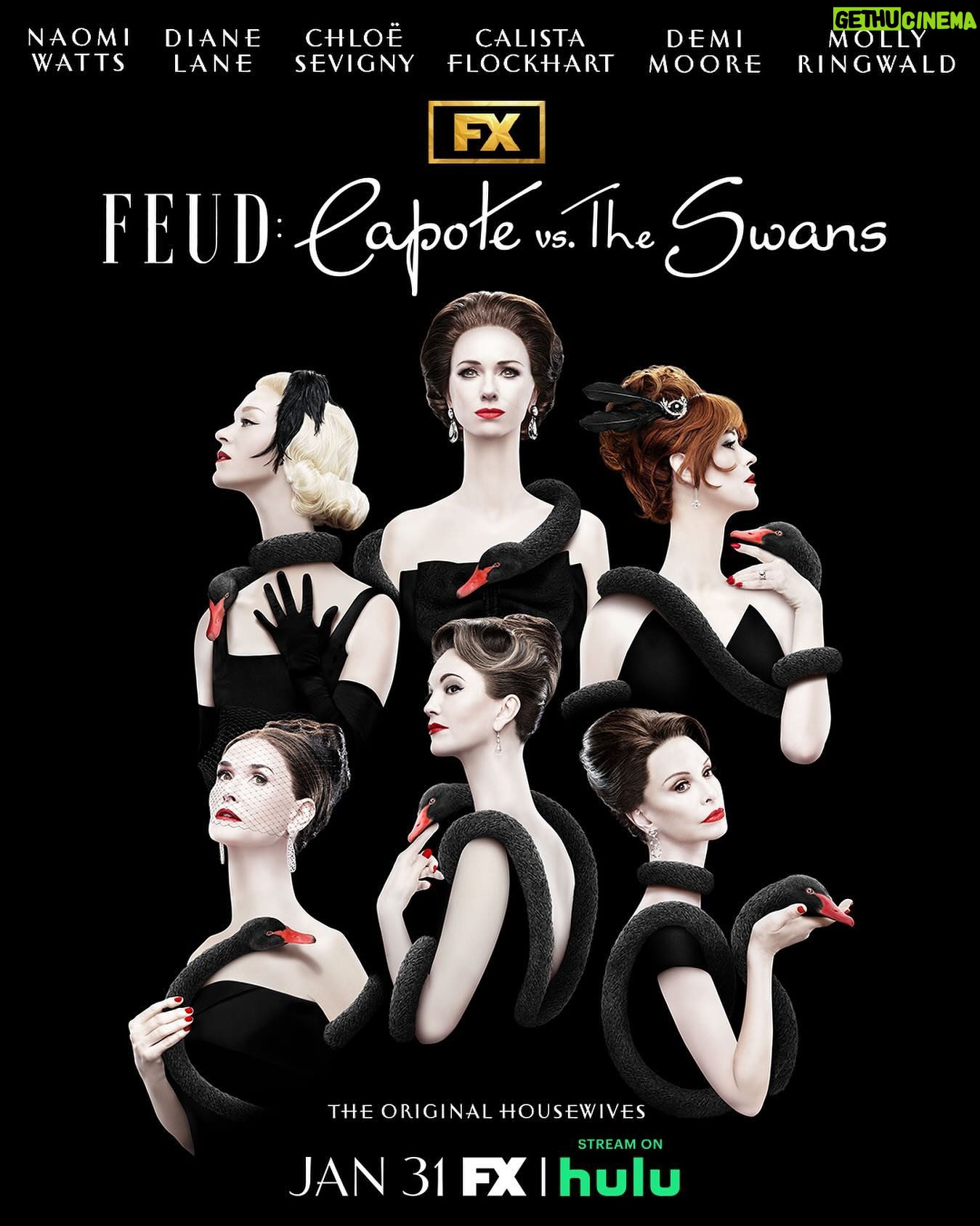 Naomi Watts Instagram - Cannot wait for you to see this one 🦢 Such good times with these glorious ladies and of course the wonderful #tomhollander and dear @treat.williams2 ❤️ The Original Housewives. Feud: Capote vs. The Swans premieres 1/31 on FX. Stream on Hulu. @feudfx | @fxnetworks