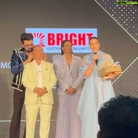 Neha Dhupia Instagram - Thank you @realbollywoodhungama for awarding me with THE MOST STYLISH MOULDBREAKING TALENT OF THE YEAR - FEMALE β¦ When I was leaving home last night all dressed in my ice π§ blue outfit our baby girl said βma you look like , ELSA β β¦ and I smiled back and said this Elsa Wil be home soon and tuck into bed with you. β₯οΈ Between being a princess in my baby girls eyes and breaking moulds jus by not trying to fit into any is where the magic πͺ happens. . . Be urself , caus eventually thatβs all that matters. Thank you @realbollywoodhungama @rohitkhilnani Neeraj sir @idohungama , Suleimaan sir @suleman_mobhani , Ryan @z3_us and the entire team for working tirelessly and putting up such a great show β¦ this award means so much. π- @reik.studio π - @sonicsmakeup @fouzikazi_makeupndhair @kapilcharaniya πΈ