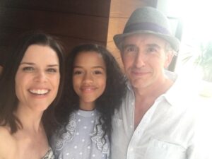 Neve Campbell Instagram - Having a blast on set with these fantastic co stars. The brilliant and hilarious Steve Coogan and a fellow Canadian beauty and very special new talent Taylor Russell. Gorgeous day shooting at the beach on our movie 'Hot Air' . So lucky!!! #stevecoogan @tayrrussell #solucky