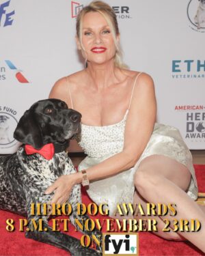 Nicollette Sheridan Instagram - My darling @k9_buda, Thank you for your courage and bravery and of course your love and dedication to your daddy and your country…I loved snuggling with you on the carpet before presenting your well deserved 2023 Military Hero Dog Award. I hope to relax and play ball with you one day…until then, be safe and know you are appreciated and loved! ❤️ @americanhumane @herodogawards @thebreakers