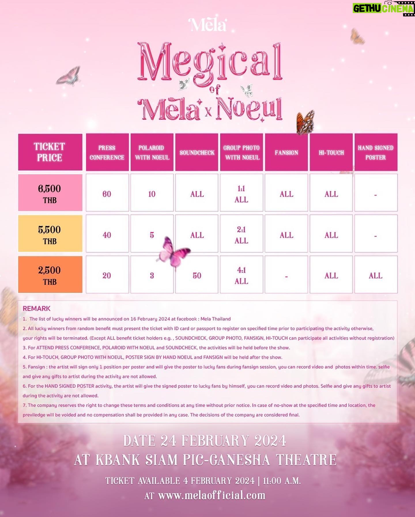 Nuttarat Tangwai Instagram - ประกาศ ผังที่นั่ง ราคาบัตร และแฟนเบเนฟิตของงาน “Megical MeLa x Noeul Fan Meeting” ในวันเสาร์ ที่ 24 กุมภาพันธ์ 2567 ณ KBank Siam Pic-Ganesha Theatre เวลาแสดง 15.00 น.-17.00 น. เริ่มจำหน่ายบัตร วันอาทิตย์ที่ 4 กุมภาพันธ์ 2567 เวลา 11.00 น. เป็นต้นไป ทาง melaofficial.com ราคาบัตร 6,500 บาท / 5,500 บาท / 2,500 บาท หมายเหตุ ราคาบัตรยังไม่รวมค่าธรรมเนียมออกบัตรและค่าบัตรพลาสติก 40 บาท ติดตามรายละเอียดและสอบถามเพิ่มเติมได้ที่ LINE:@melarose FB:Mela Thailand IG:mela_officialthai X Twitter:mela official