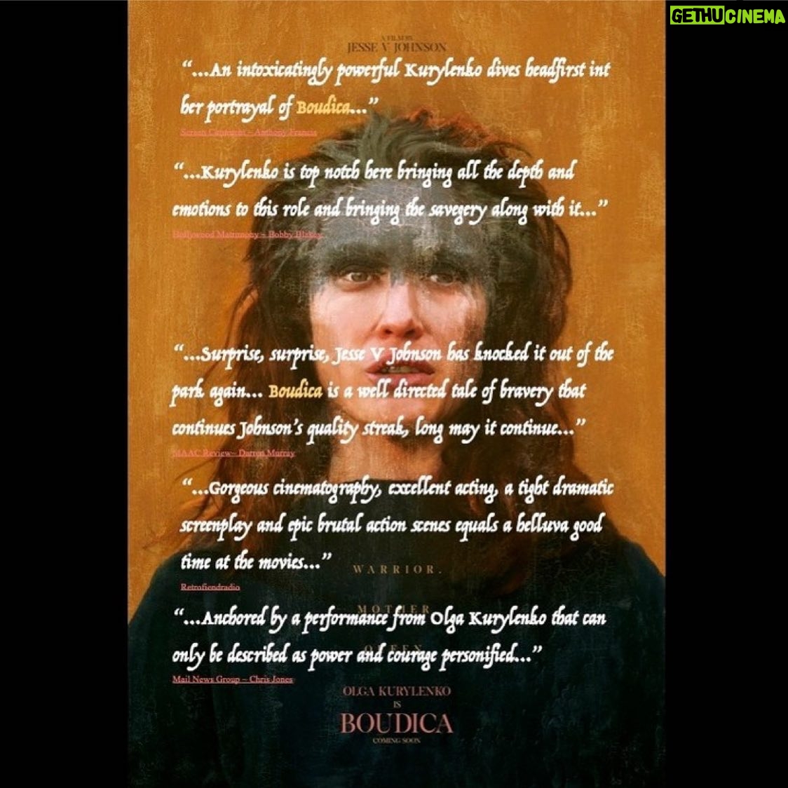 Olga Kurylenko Instagram - “An intoxicatingly powerful Kurylenko dives headfirst into her portrayal of Boudica, projecting her character’s violent change and emotional chaos with subtle power. Forced from royalty to becoming a leader and warrior, the actress combines so many emotions into just the tone of her voice or the strength written on her brave face. Through Kurylenko’s dedication, the audience is fully aligned with Boudica in her quest for vengeance.” See the movie this week in select theaters in the US and on demand in the US and UK ~ Boudica Queen of War. Infinitely grateful for such wonderful reviews 🙏 and to the wonderful @jessevjohnson