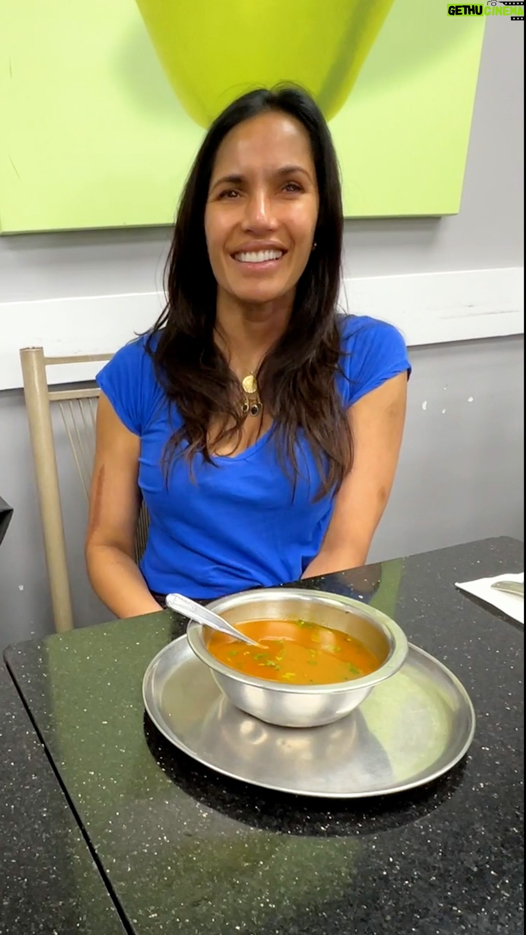 Padma Lakshmi Instagram - Rasam is a thin hot and sour broth from South India that can be drunk alone (or eaten with rice as a second course after sambar. Clearly I’m still hungover as I previously got this wrong!!). It is especially fortifying for when you’re sick. We always had it with ghee and rice when we had colds or fever. I’m not sick here, but I am very hungover on a Sunday with my parents! What a treat!