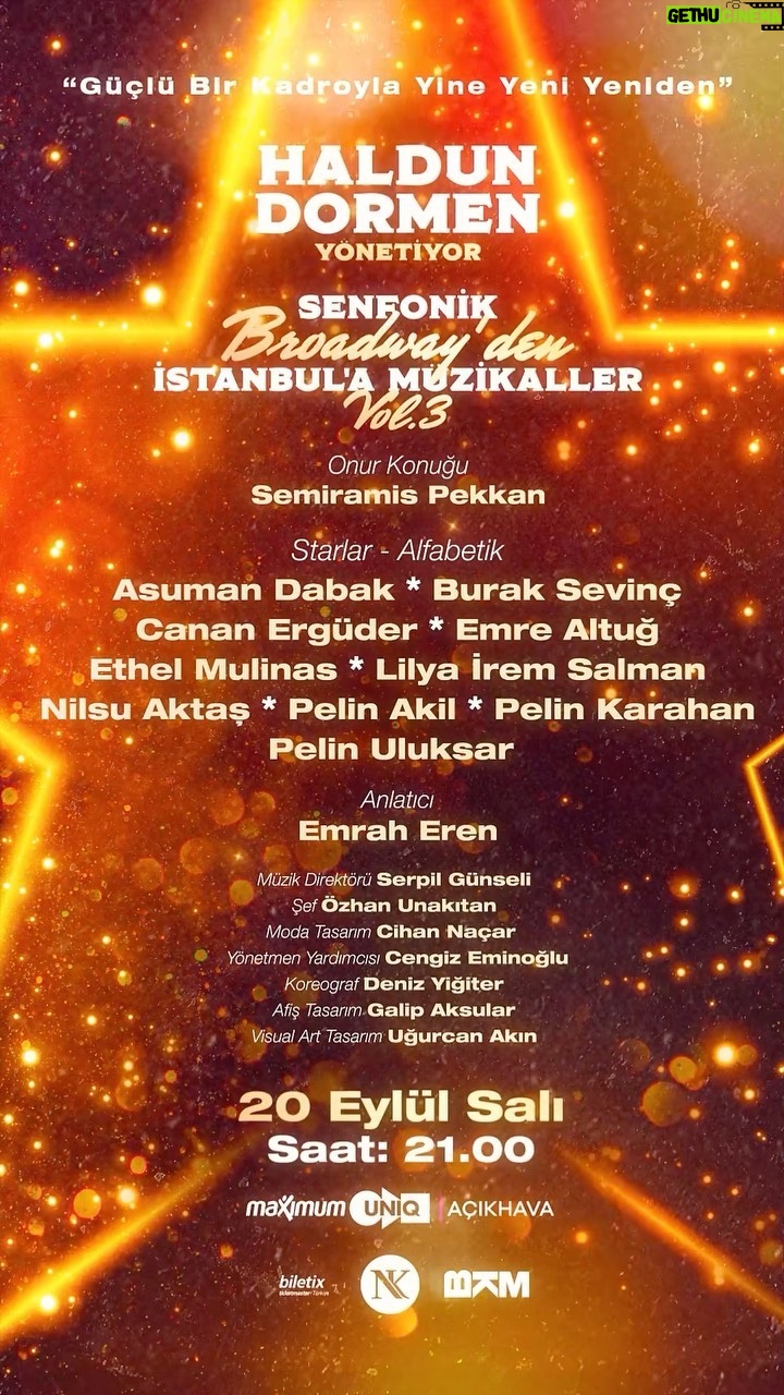 Pelin Uluksar Instagram - Biz cooook heyecanliyiz! 🥰♥️🎭🎼🎤 Yine, yeni, yeniden Broadway'den İstanbul'a Müzikaller projesi💫 Maximum Uniq Açıkhava'da "Haldun Dormen Yönetiyor-Senfonik" başlığıyla güçlü bir kadro, güclü bir repertuvarla projemizi 3.kez seyircisiyle buluşturmaya hazırlanıyoruz. 20 Eylül akşamı kimselere söz vermeyin çünkü biz Maximum Uniq Açıkhava'da müzikal şölen yaşatmaya geliyoruz💃 Biletler #biletix'te satışta! Visual Art Tasarım Uğurcan Akın Poster Tasarım Galip Aksular #BroadwaydenIstanbulaMuzikaller #BroadwayIstanbul #HaldunDormenYonetiyorSenfonik #MaximumUniqAcikhava
