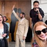 Phillipa Soo Instagram - In good company. Don’t know who took this but thank you for capturing this joy. @arianmoayed @jessicachastain @lin_manuel