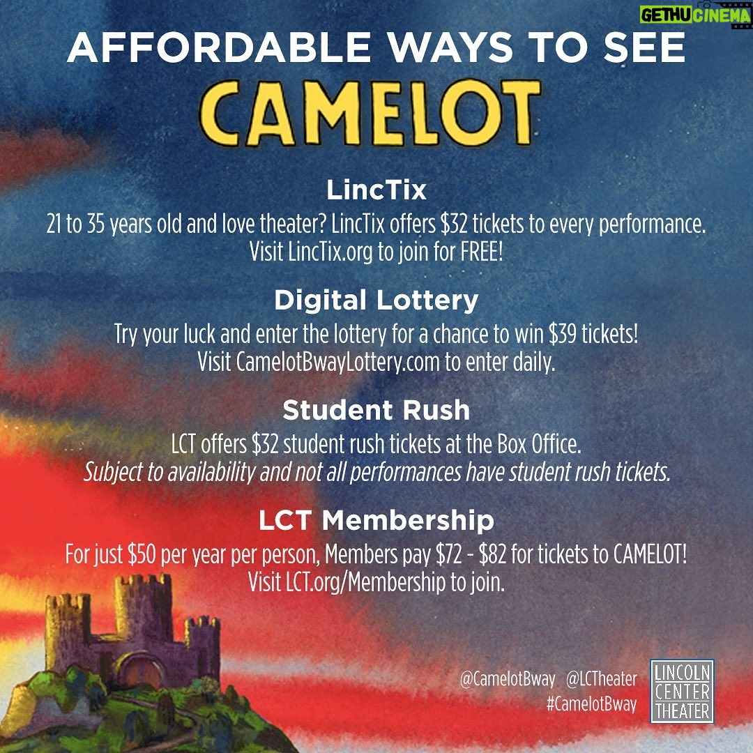 Phillipa Soo Instagram - There are so many ways to see #CamelotBway, and I'd love to see you at the Beaumont! LINCTIX For those age 21 to 35, all tickets are just $32 for every performance through this free program. Sign up for free at LincTix.org DIGITAL LOTTERY Try your luck and enter the digital lottery for a chance to win $39 tickets! Visit CamelotBwayLottery.com to enter daily. STUDENT RUSH LCT offers $32 student rush tickets beginning 2 hours before a performance at the Box Office. Please note that these tickets are subject to availability and not all performances have student rush tickets. A valid college/university ID is required to purchase tickets. LCT MEMBERSHIP For just $50 per person per year, Members pay $72 - $82 for tickets to CAMELOT and have flexible exchange/refund policies. Members also get exclusive pre-sales to other LCT shows and more! Visit LCT.org/Membership to join. Follow @LCTheater and @CamelotBway for show updates, and remember to tag #CamelotBway on your posts about the show!