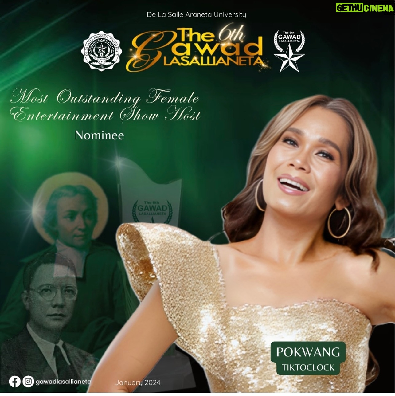 Pokwang Instagram - isang karangalan po ang ma nomina bilang Outstanding female Entertainment show host mula sa @gawadlasallianeta para sa programang @tiktoclockgma β€οΈ maraming, maraming salamat po ngayon pa lamang isang malaking pasasalamat po ππΌ sa bumubuo ng @gawadlasallianeta πππ
