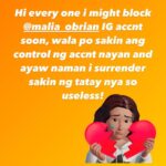 Pokwang Instagram - dahil ayaw naman nya i surrender samin ang IG ng anak nya so soon i block ko na po this IG ni @malia_obrian, masakit pero sayang kasi naka tengga lang yung accnt ng bata ayaw nya ipagamit samin. 🥲😢