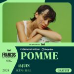 Pomme Instagram – montréal!!!!!!!!! ma deuxième maison!!!!!!! rdv le 16 juin sur la grande scène des @francosmtl pour mon plus gros concert québécois à vie 🫠 
tag ton date / ami.e et venez 🦋 le comble: c’est gratuit!!!!!