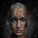 Priyanka Karki Instagram - In the depths of a cybernetic underworld, amidst the hum of machinery and the glow of neon, stands Nirvikara, the Cybernetic Devi. Her bald head gleams under the flickering lights, adorned with intricate tantric tattoos inspired by Newari traditions. With a cybernetic implant embedded in her forehead, she embodies the fusion of ancient artistry and futuristic technology. Her eyes, sharp and focused, betray the depth of her strength and determination, while metallic enhancements hint at her augmented abilities. Adorning her ear is a piece reminiscent of the Newari toran, symbolizing her role as a gateway to salvation in this cybernetic realm of chaos and innovation.