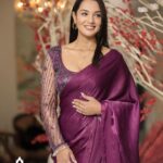 Priyanka Karki Instagram - Wearing this beautiful saree by @siwangiofficial for my dearest @slay_by_surbs and @abhinavjungrana ‘s engagement ceremony 💜 Congratulations you two ♥️ Earrings @meraki_nepal Evil eye lariat necklace @kajalnaina_np