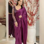 Priyanka Karki Instagram - Wearing this beautiful saree by @siwangiofficial for my dearest @slay_by_surbs and @abhinavjungrana ‘s engagement ceremony 💜 Congratulations you two ♥️ Earrings @meraki_nepal Evil eye lariat necklace @kajalnaina_np