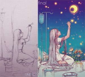 Qing Han Instagram - Initial sketch vs final image.
•
I do have a sketchbook just filled with really rough doodles and shitty drawings that'll never see the light of day unless I someday get a patreon and show my shitty sketches hahaha~~
•
•
•
Sorry, I wanted to finish my drawing but my body just can't keep up, and I still need to go to work 8 hours a day. I might be having more heart problems again, since my symptoms seems very much like referred pain where my heart is having a problem and it shows up as muscular pain...I do sometimes have muscular pain when I get anxious and my heart pounds hard...😢. I'm actually really stressed and scared these days but sometimes I'll be too tired to think too hard about it haha...
Got a heart exam scheduled for Feb 21-22, so I'll know for sure after that. I'm going to Japan near the end of March so this is gonna be a headache....I hope it'll be okay...but I'm going anyways =___= argghhhhhhhggggh. I deserve this vacation. Imma go no matter what. It's the only highlight in my life right now, the light at the end of my tunnel of creeping despair and anxiety 😆....
Sorry. Rambled again haha...just ignore me xD. Here's a cookie if you made it this far hahaha 🍪
•
•
#mood #illustration #sick #stars #drawing