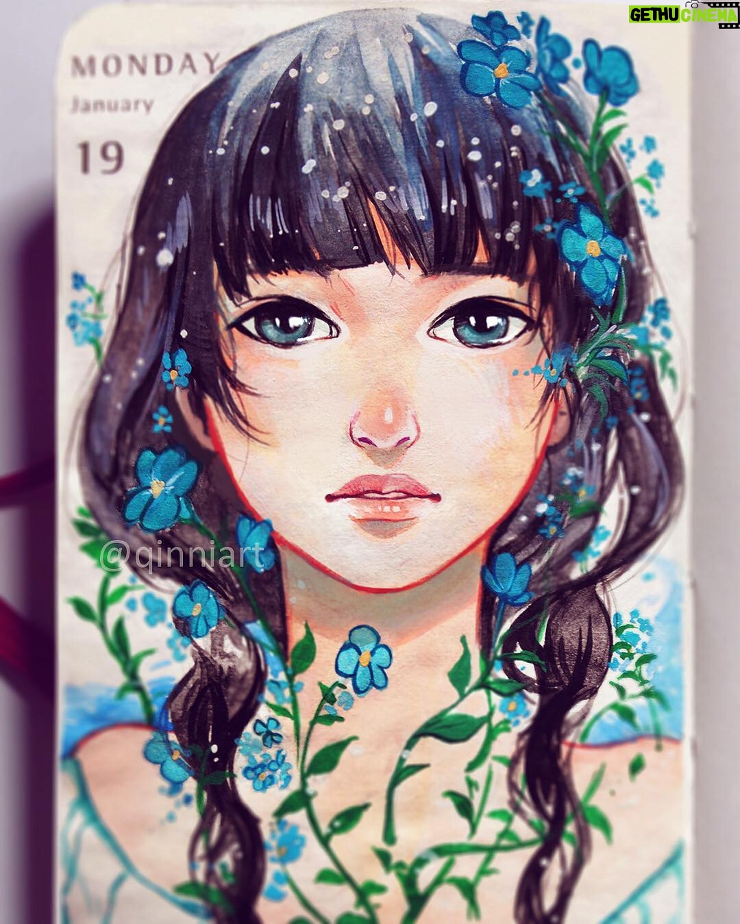 Qing Han Instagram - Forget Me Not • So I actually did use gouache paint for some of my daily moleskine planner near the beginning of the challenge (which I failed both years lol). But I soon gave up cause I was going to bed at around 3-4am every day on top of a full time job. Wasn't great for my health (this is a running theme 😂). Also it's very hard to paint on that thin, smooth paper. So this is an old thing xD • Also I am tired and have not made much progress with my wildflower girl hahaha...😭~